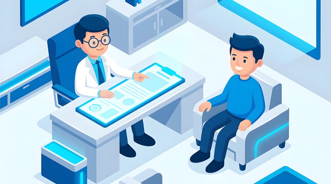 Doctor consulting patient in digital office illustration.
