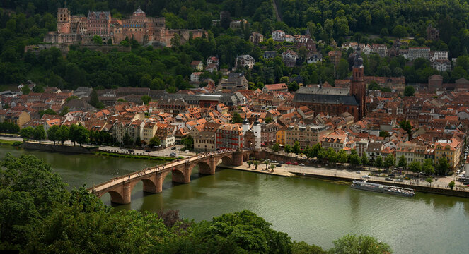 View of the Old Town district of Heidelberg, Germany, showing the Old Bridge and the historic buildings in beautiful daylight 
