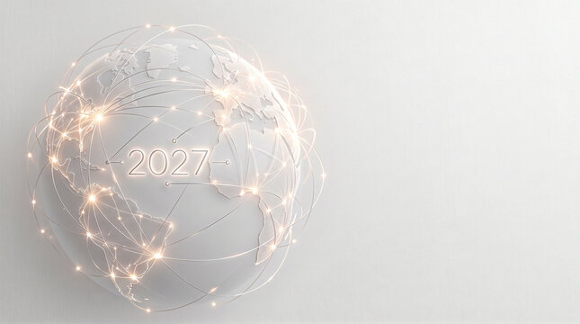 Elegant 2027 Corporate Greeting Card with Minimal Global Network and Silver Light Lines