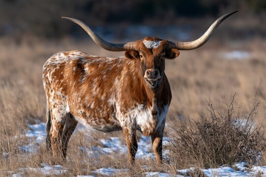 Texas longhorn steer standing on a ranch, showing long horns and speckled coat