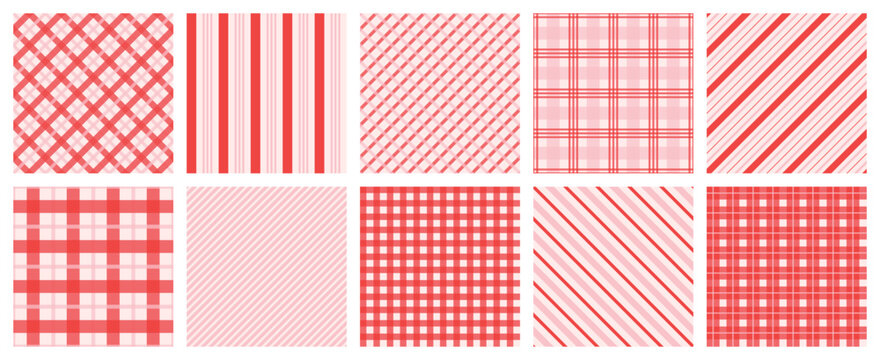 Bright red and blush pink plaid and striped pattern collection mixes gingham checks, tartan grids, diagonal lines and playful geometric motifs for textile, wrapping paper, fabric and romantic decor