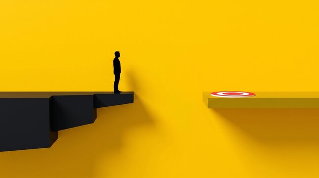 Minimalist 3D silhouette of a person standing at the edge of a cliff gap, looking across at a target on the opposite platform against a yellow background.