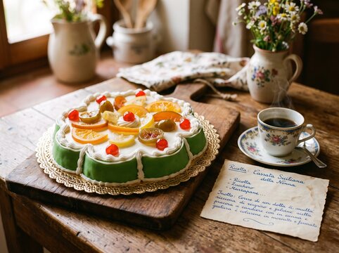 Homemade Sicilian Cassata Cake on Wooden Board with Vintage Coffee Cup