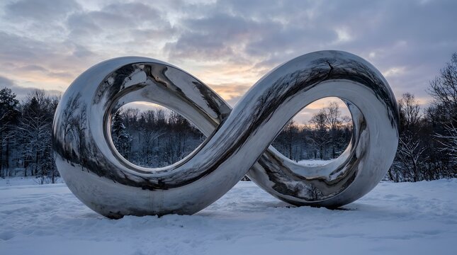 Reflective metal sculpture shaped like an infinity symbol in a winter landscape