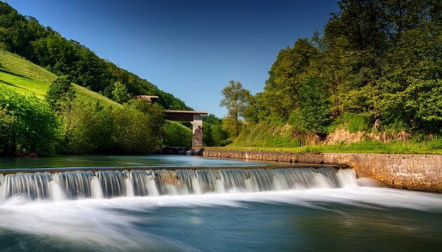 A Long Exposure Image Of A Fast Flowing River Cascading Down A Small Dam Amid Lush Vegetation And Wooded Hills Under A Clear Bright Sky