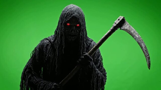 Grim reaper with glowing red eyes holding scythe on green screen background, for horror and, halloween visual effects