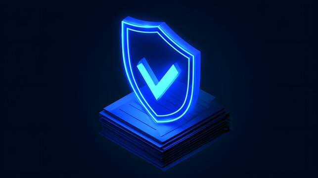 A radiant blue shield with a checkmark safeguarding a pile of documents that signify data security and compliance