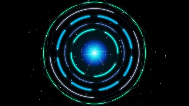 Futuristic HUD Circle with Rotating Neon Rings and Glowing Core on Black Background