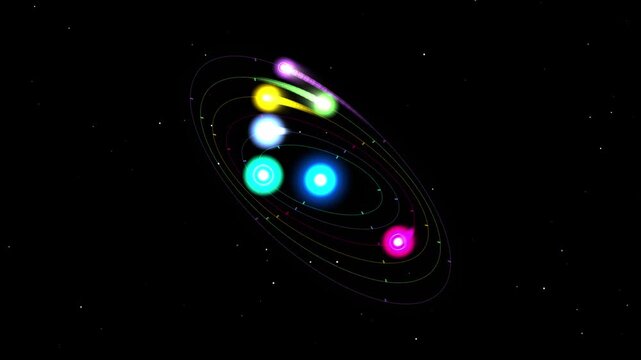 Colorful Solar System with Glowing Planets Orbiting on Starry Space Background