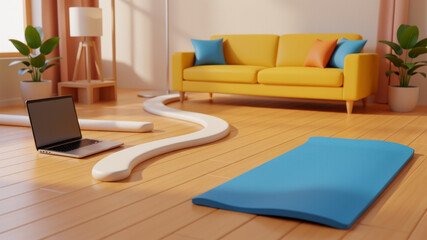 Naklejka premium Cozy modern living room with blue exercise mat on warm floor presenting home wellness flexible workouts comfortable interiors mindful movement and balanced everyday living