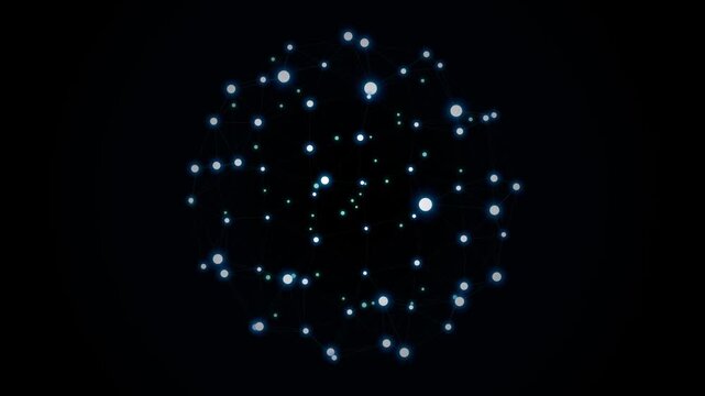 Abstract Network of Connected Glowing Dots Rotating on Black Background