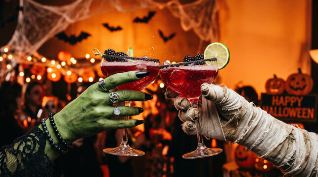 Green witch hand with long black nails and a white bandaged mummy hand clinking red cocktails in elegant glasses against an orange background, Halloween party