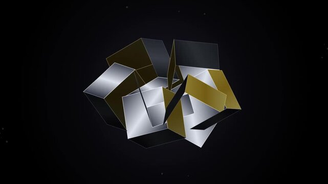 Abstract Metallic Gold and Silver Geometric Shapes Rotating on Black Background