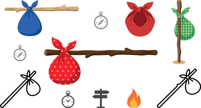 Hobo bindle stick bag vector illustrations with camping icons and knapsack sacks on sticks for adventure journey travel and wandering lifestyles.