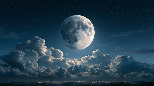 Full Moon Rising Above Cumulus Clouds in Night Sky Background