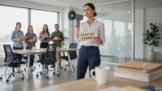 A confident businesswoman leads by example in a modern office setting with colleagues