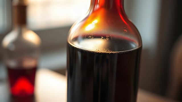 Aged brunello wine bottle with deep crimson liquid in soft light.