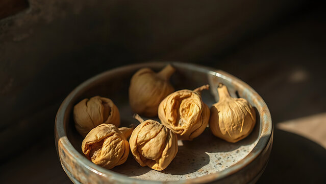 Dried oleaster fruits in a rustic ceramic bowl with soft window light.