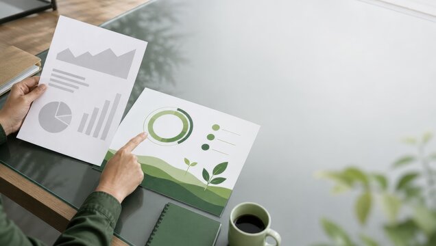 eco business tax strategy. Person analyzing environmental and financial reports with coffee on a glass table outdoors.