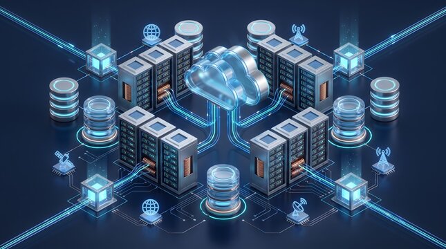 Enterprise cloud computing infrastructure isometric diagram displaying global server network architecture and secure database storage.