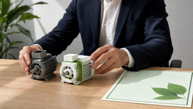 eco business tax strategy. Man in suit compares two electric motors on a wooden table with a plant and green energy drawing nearby.