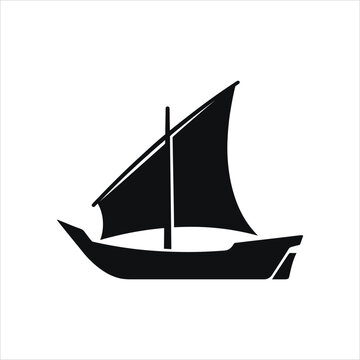 Minimalist black silhouette of a traditional arabian dhow boat with a triangular sail, isolated on a plain white background