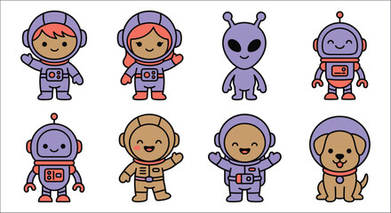 Collection of colorful cartoon astronauts aliens robots and a dog in a spacesuit on a white background © vectors home