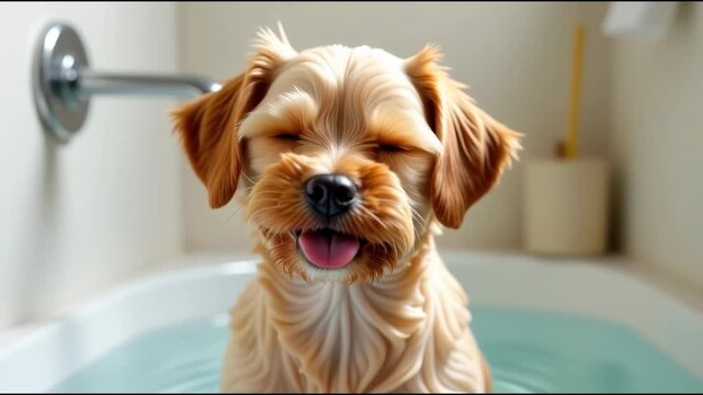 A small brown dog sitting in a bath tub
