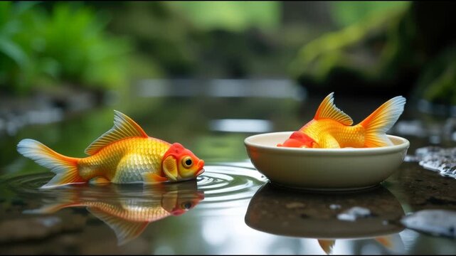 Two goldfish swimming in a bowl on a table