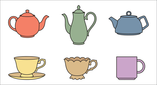 Collection of colorful teapots cups and mugs presented as a vector illustration on a white background