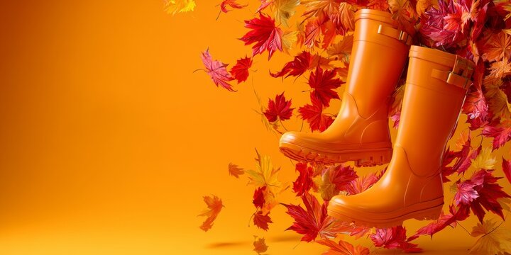 Vibrant orange rubber boots surrounded by falling autumn maple leaves against a warm orange background, evoking cozy fall fashion and seasonal style.