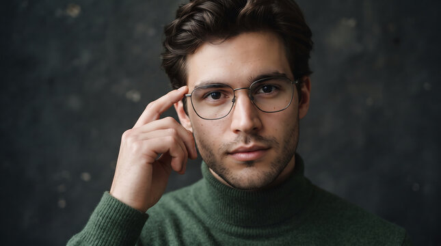 Thoughtful man wearing glasses and a turtleneck sweater looking into the camera with a hand on his head, showcasing intellectual style and contemplative expression
