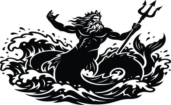 Poseidon sea god holding a trident in ocean waves vector illustration isolated on white background