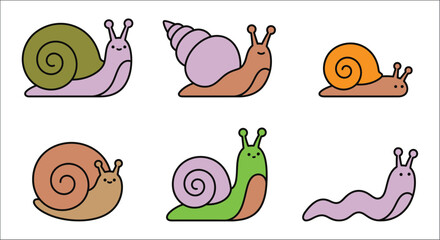 Colorful snail illustrations depict various shell shapes and body colors on a white background gastropod © vectors home
