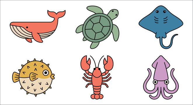 Colorful vector illustrations depict a whale aquatic marine oceanic sea animals fauna baleen cetacean turtle