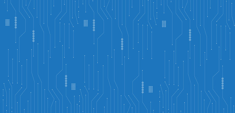 Circuit pattern displays a repeating network of lines and nodes on a blue background connections electronic technology digital abstract geometric cyan vector graphic design scheme