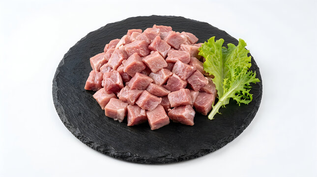 Fresh raw beef cubes served on a black stone plate with green lettuce on white background