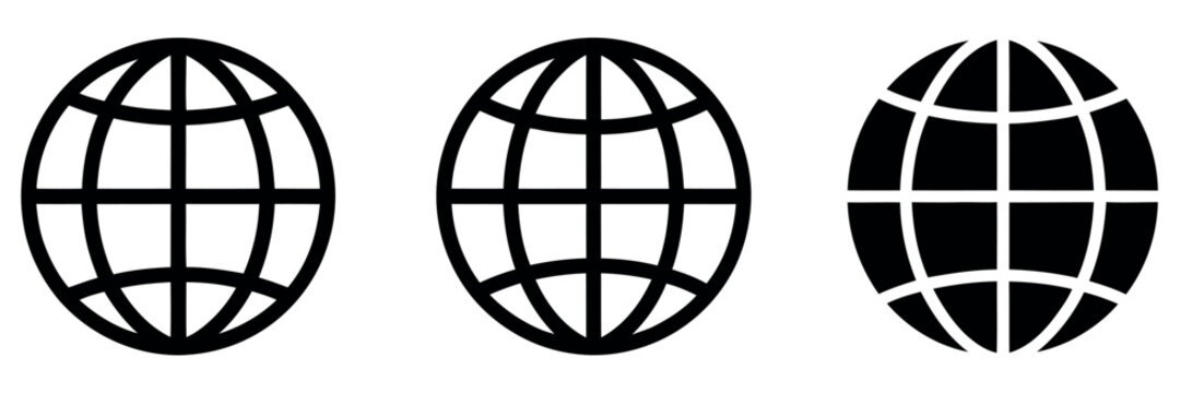 Globe grid icon set. World wide web symbols collection. Vector pictograms for global network, planet Earth, international business, internet domain, communication and user interface design.