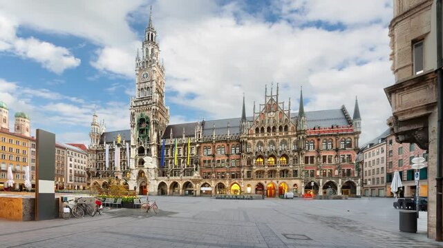 Neo-Gothic City Hall located on Marienplatz square in Munich, Germany (static image with animated sky)