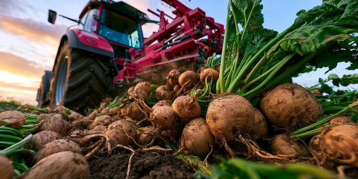 Freshly harvested sugar beets with green tops lie in the foreground, while a red tractor harvests in the field at sunset, showcasing agricultural productivity and rural beauty.