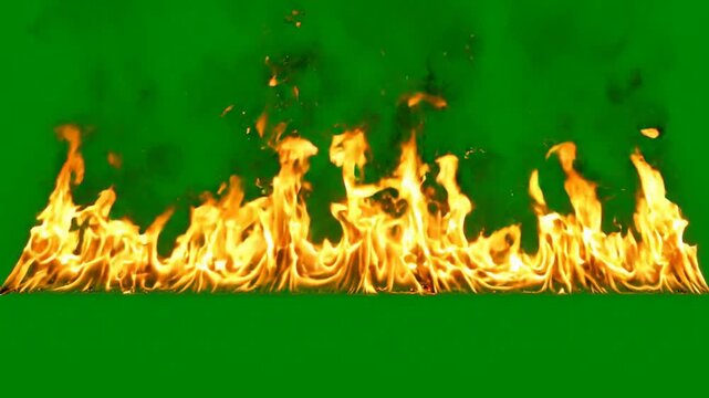Realistic fire line with sparks on green screen, isolated burning flame border for vfx compositing and motion