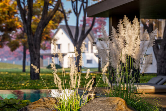 3d rendering of contemporary architectural luxury house exterior. Modern Scandinavian style family home with a white plaster walls, beautiful garden. Clear sunny autumn day with golden leaves anywhere