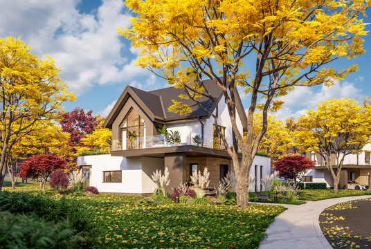 3d rendering of contemporary architectural luxury house exterior. Modern Scandinavian style family home with a white plaster walls, beautiful garden. Clear sunny autumn day with golden leaves anywhere