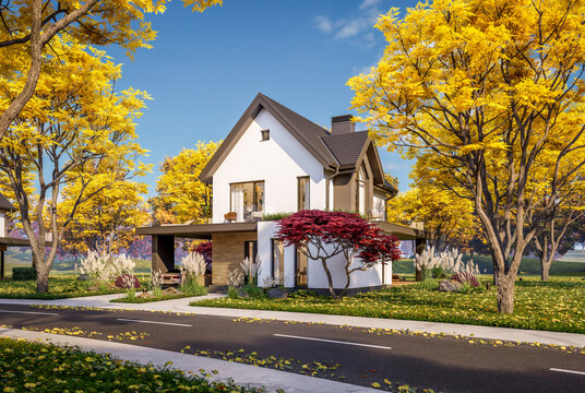 3d rendering of contemporary architectural luxury house exterior. Modern Scandinavian style family home with a white plaster walls, beautiful garden. Clear sunny autumn day with golden leaves anywhere