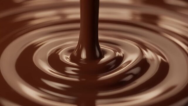 Close-up shot of dark liquid chocolate being poured, creating ripples on its surface