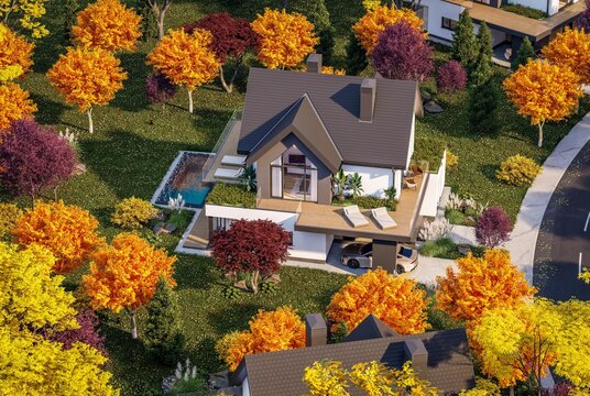 3d rendering of contemporary architectural luxury house exterior. Modern Scandinavian style family home with a white plaster walls, beautiful garden. Clear sunny autumn day with golden leaves anywhere
