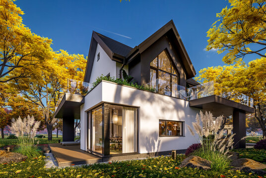 3d rendering of contemporary architectural luxury house exterior. Modern Scandinavian style family home with a white plaster walls, beautiful garden. Clear sunny autumn day with golden leaves anywhere