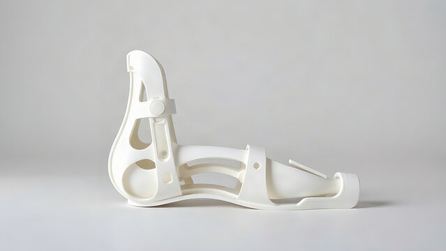 Modern white 3D-printed ankle-foot orthosis showing intricate design on a light grey background.