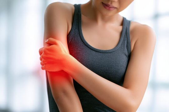 Elbow pain ache. Woman touches massaging her sore elbow due to acute joint pain. Glowing red light on hand arm area showing a severe muscle spasm tendon strain arthritis or sport injury symptom visual