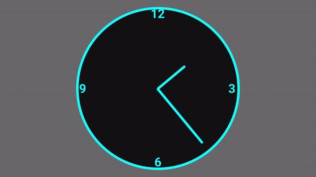 Black Clock Spinning, Watch Animation On Gray Background With Alpha Channel. Clock Icon Flat Style 24 Hours Day Fast Speed With Moving Timer Clock Rotation, 4K Animation.